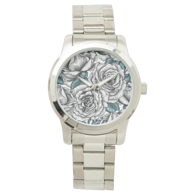 White roses with blue leaves watch (Front)