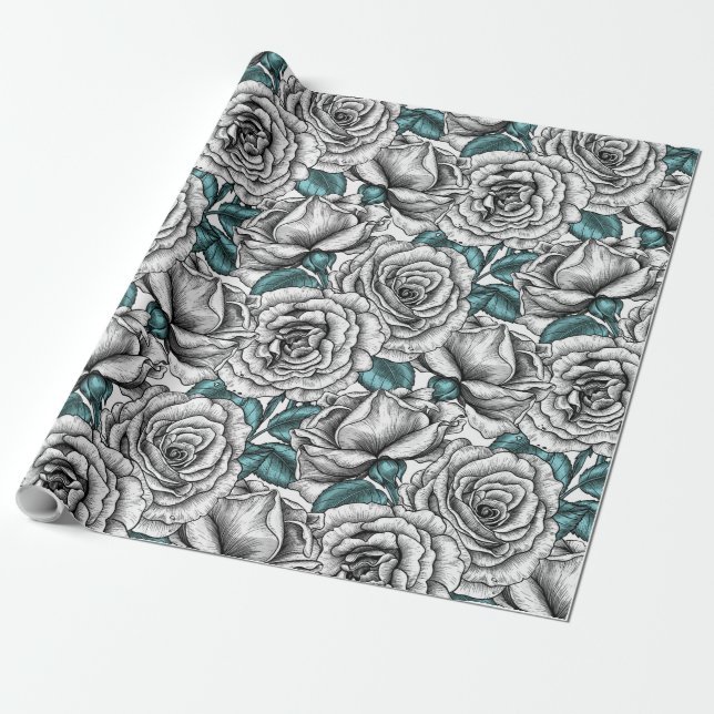 White roses with blue leaves wrapping paper (Unrolled)