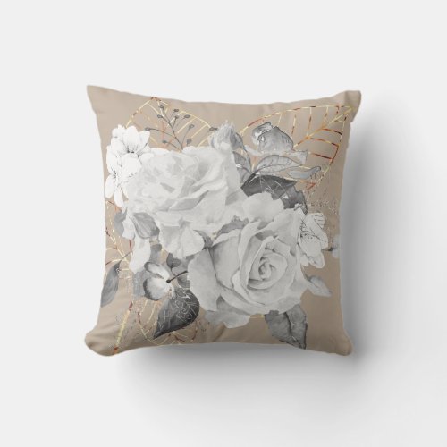 White Roses with Gold Leaf Throw Pillow