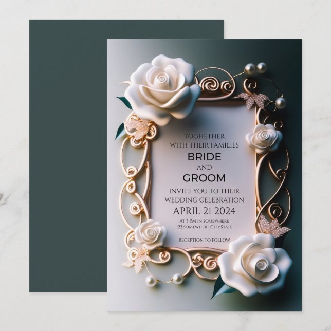 White Roses with Golden Ornaments Invitation (Front/Back)