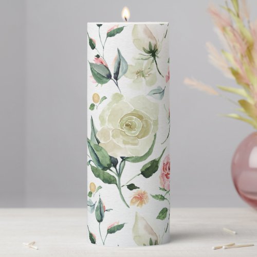 White Roses with Pink Clear Image Seamless Pillar Candle