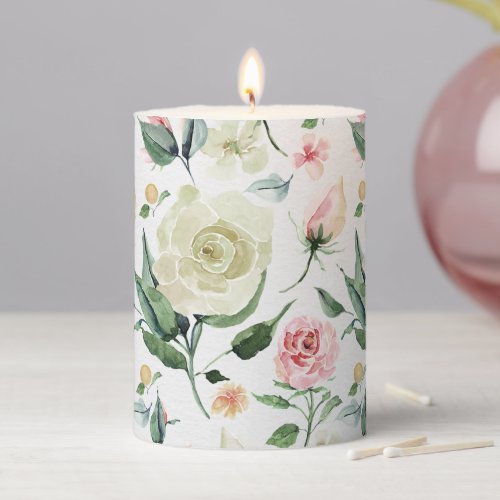 White Roses with Pink Clear Image Seamless Pillar Candle