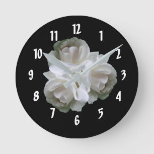 White Roses With Raindrops Bouquet Round Clock