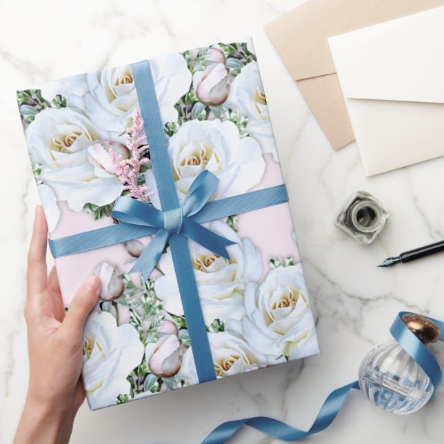 White Roses Wrapping Paper on a Roll (Gifting)