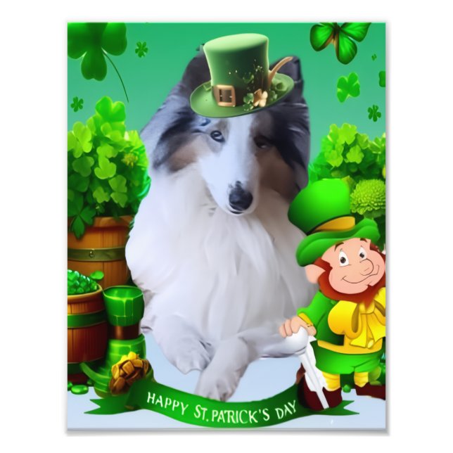 White Rough Collie celebrating St. Patrick's Day Photo Print (Front)