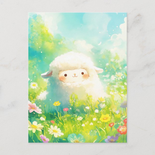 White Round Alpaca in Spring Wildflower Meadow Postcard (Front)