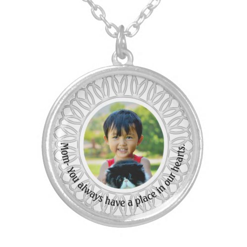 White Round Frame Photo Necklace Mom Inscription Silver Plated Necklace