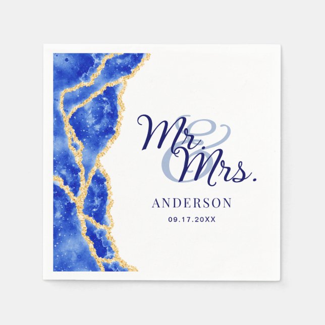 White Royal Blue and Gold Agate Elegant Wedding Napkins (Front)