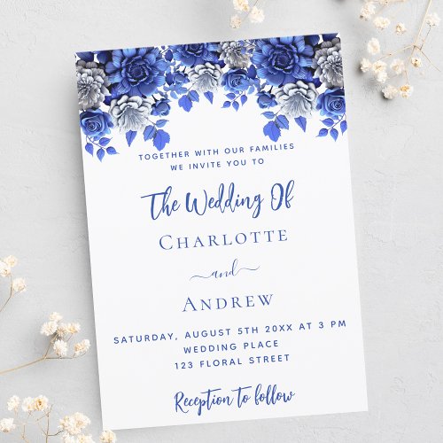 White royal blue florals luxury wedding invitation