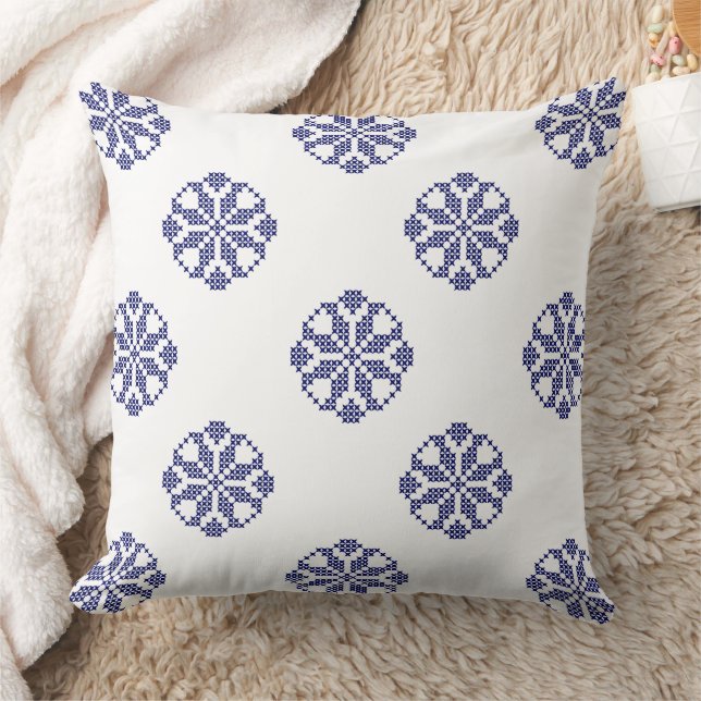 White & Royal Blue Modern Cross Stitch Lace Throw Pillow (Blanket)