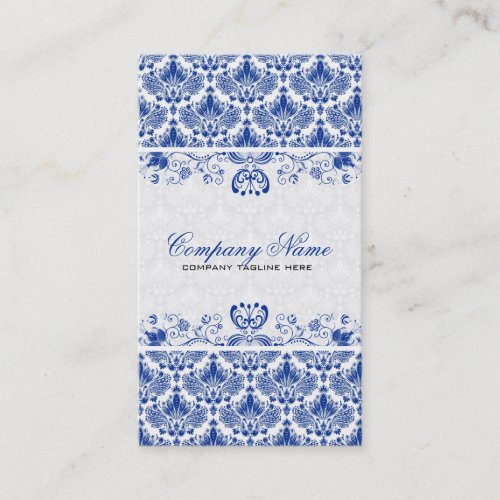 White &amp; Royal Blue Retro Floral Damasks Pattern Business Card
