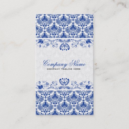 Customizable White &amp; Royal Blue Retro Floral Damasks Pattern Business Card