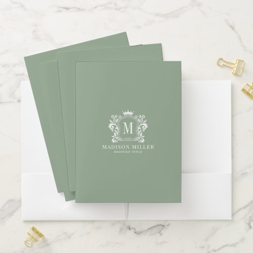 White Royal Crest Crown Scrolls Monogram On Green Pocket Folder