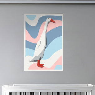White Runner Duck Pink & Blue Waves Nursery Kids Poster