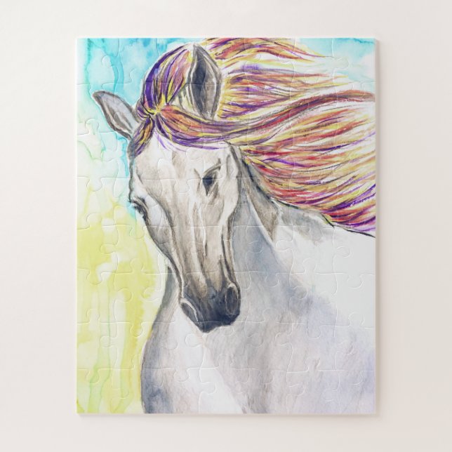 White Running Horse Jigsaw Puzzle Painting (Vertical)