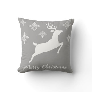 White Running Reindeer On Gray With Snowflakes Throw Pillow