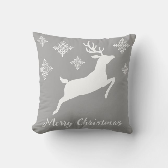 White Running Reindeer On Gray With Snowflakes Throw Pillow (Front)