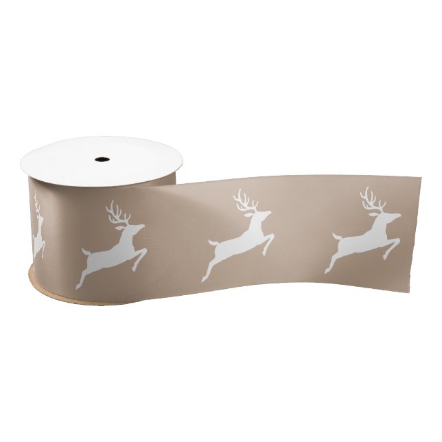 White Running Reindeer Silhouette On Beige Satin Ribbon (Spool)