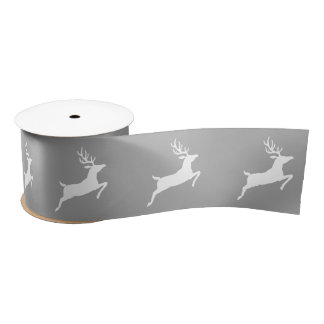 White Running Reindeer Silhouette On Gray Satin Ribbon
