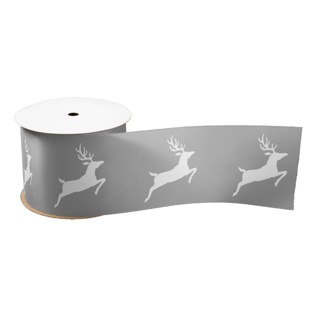 White Running Reindeer Silhouette On Gray Satin Ribbon (Spool)