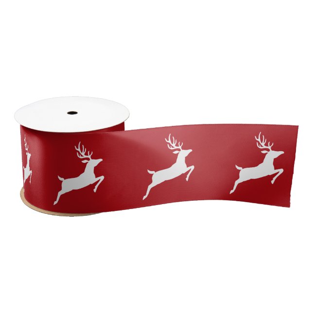 White Running Reindeer Silhouette On Red Satin Ribbon (Spool)