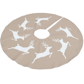 White Running Reindeer Silhouettes On Beige Brushed Polyester Tree Skirt