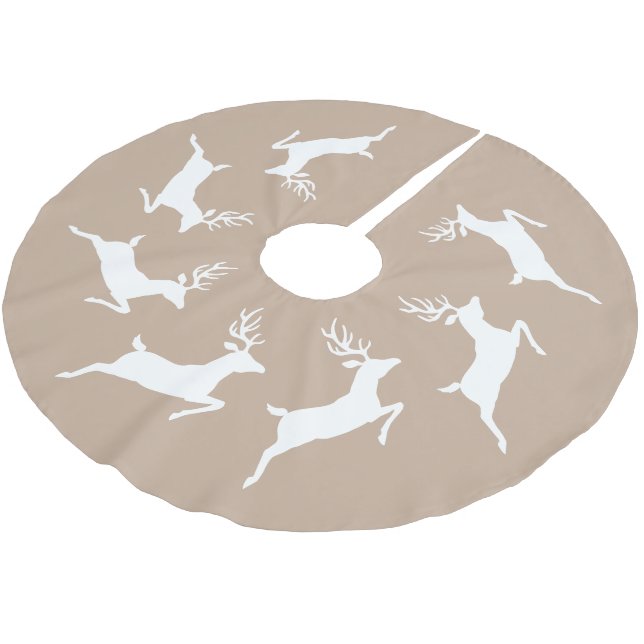 White Running Reindeer Silhouettes On Beige Brushed Polyester Tree Skirt (Angled)
