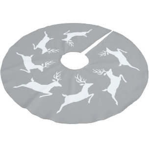 White Running Reindeer Silhouettes On Gray Brushed Polyester Tree Skirt