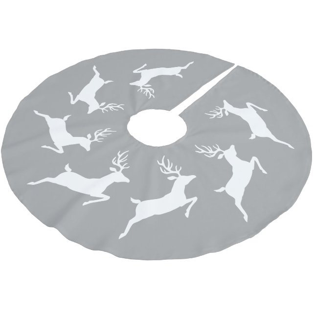 White Running Reindeer Silhouettes On Gray Brushed Polyester Tree Skirt (Angled)
