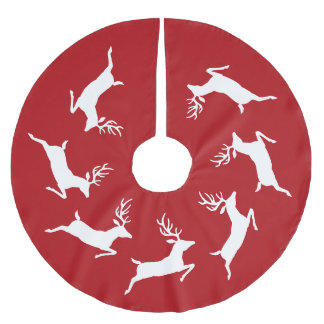 White Running Reindeer Silhouettes On Red Brushed Polyester Tree Skirt