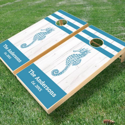 White rustic beach wood vintage teal seahorse name cornhole set