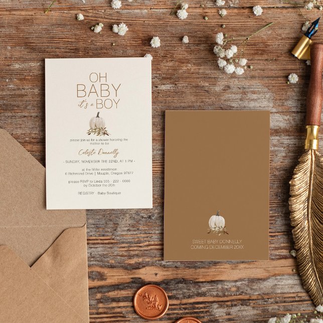 White Rustic Boho Pumpkin Oh Baby Boy Shower Invitation (Creator Uploaded)