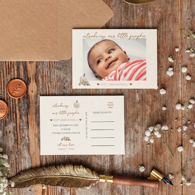White Rustic Boho Pumpkin Photo Birth Announcement (Creator Uploaded)