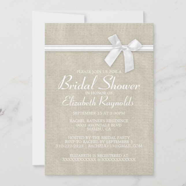 White Rustic Burlap Bridal Shower Invitations (Front)