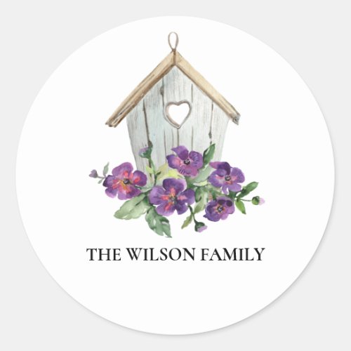 WHITE RUSTIC COUNTRY VIOLET BIRD FLORAL HOUSE CLASSIC ROUND STICKER