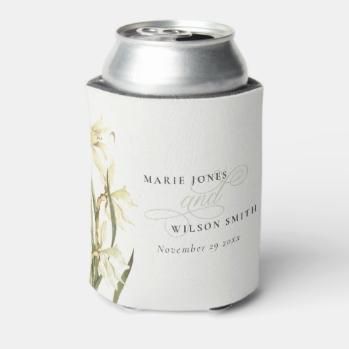 White Rustic Daffodil Floral Watercolor Wedding Can Cooler