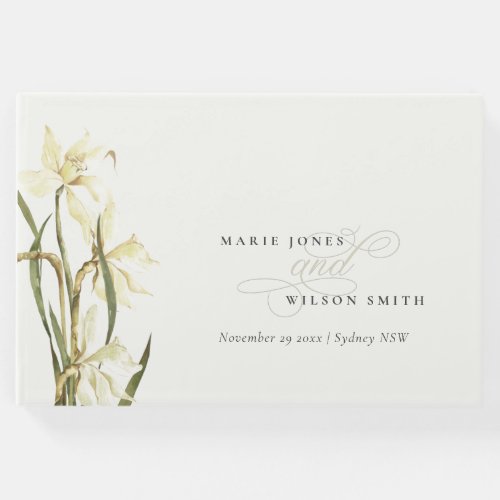 White Rustic Daffodil Floral Watercolor Wedding Guest Book