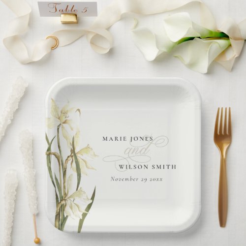 White Rustic Daffodil Floral Watercolor Wedding Paper Plates