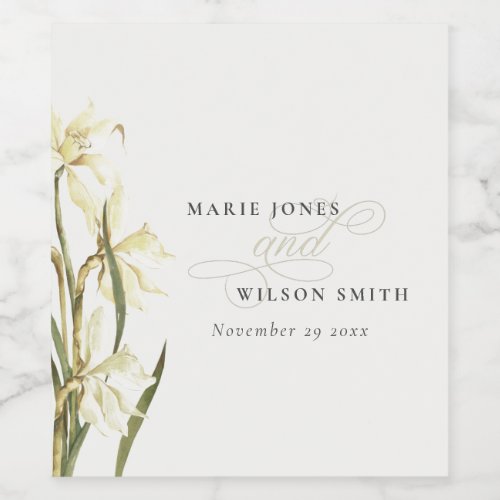White Rustic Daffodil Floral Watercolor Wedding Wine Label