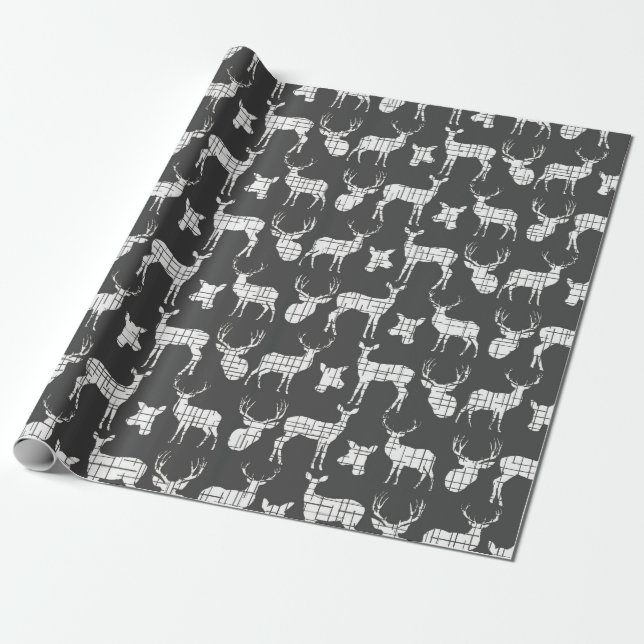 White Rustic Deer on Gray Wrapping Paper (Unrolled)