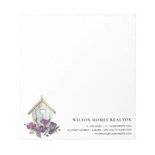 WHITE RUSTIC FLORAL BIRDHOUSE REAL ESTATE REALTOR NOTEPAD