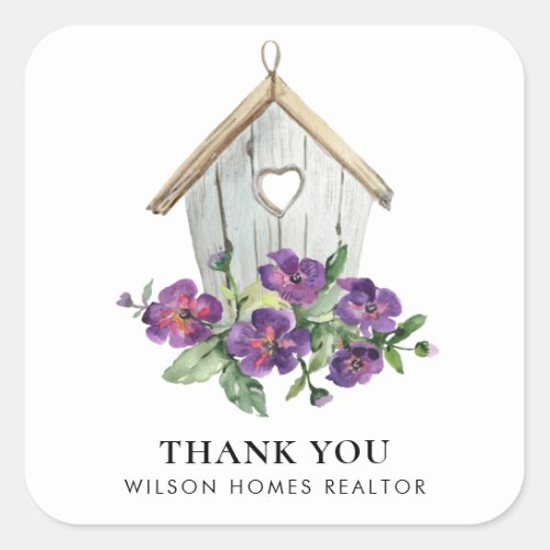 WHITE RUSTIC FLORAL BIRDHOUSE THANK YOU REALTOR SQUARE STICKER