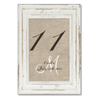 White Rustic Frame and Burlap Table Number Card