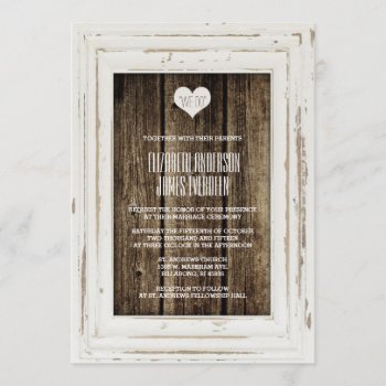 White Rustic Frame Barn Wood Wedding Invitation by ModernMatrimony at Zazzle