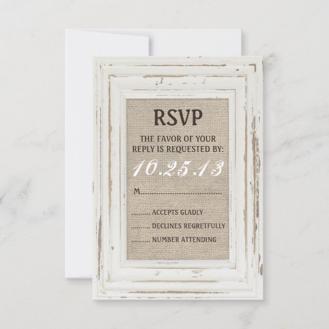 White Rustic Frame & Burlap RSVP Card (Front)
