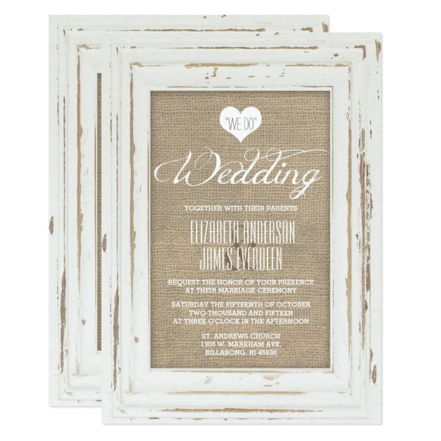 White Rustic Frame Burlap Wedding Invitation