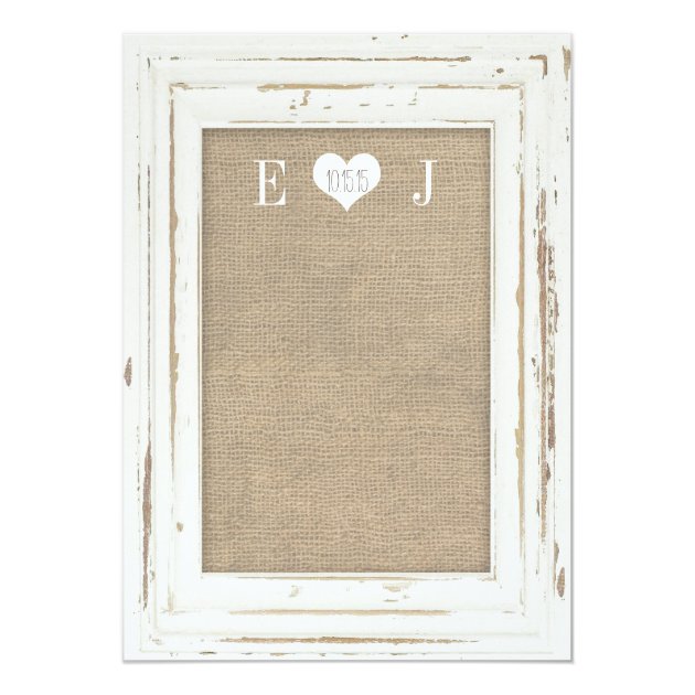 White Rustic Frame Burlap Wedding Invitation