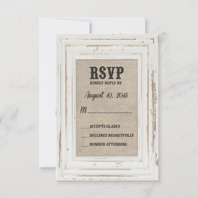 White Rustic Frame & Burlap Wedding Kelly Custom RSVP Card (Front)