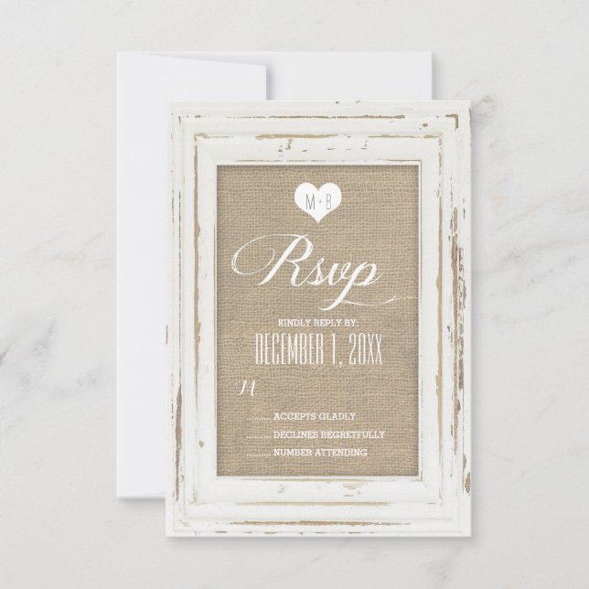 White Rustic Frame Burlap Wedding RSVP Card (Front)