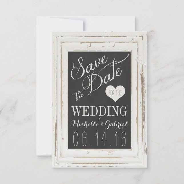 White Rustic Frame Chalk Typography Save the Date (Front)